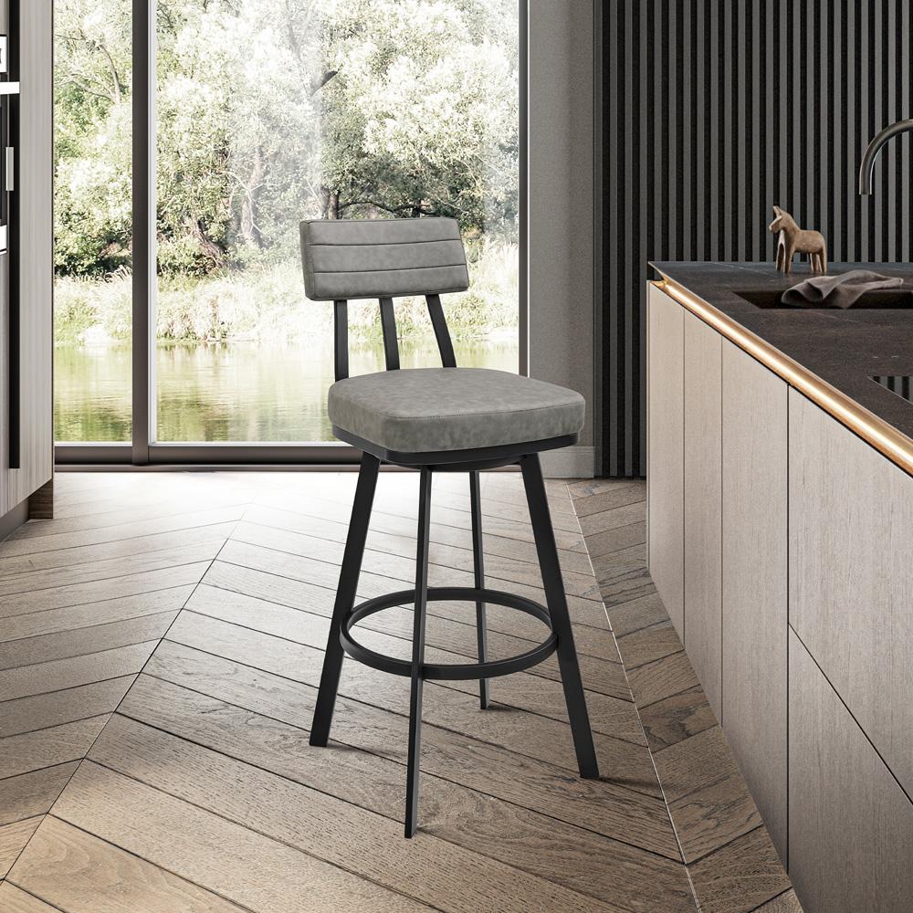 Armen Living - Jinab Swivel Bar Stool in Black Metal with Gray Faux Leather - 840254335233 veiw 7