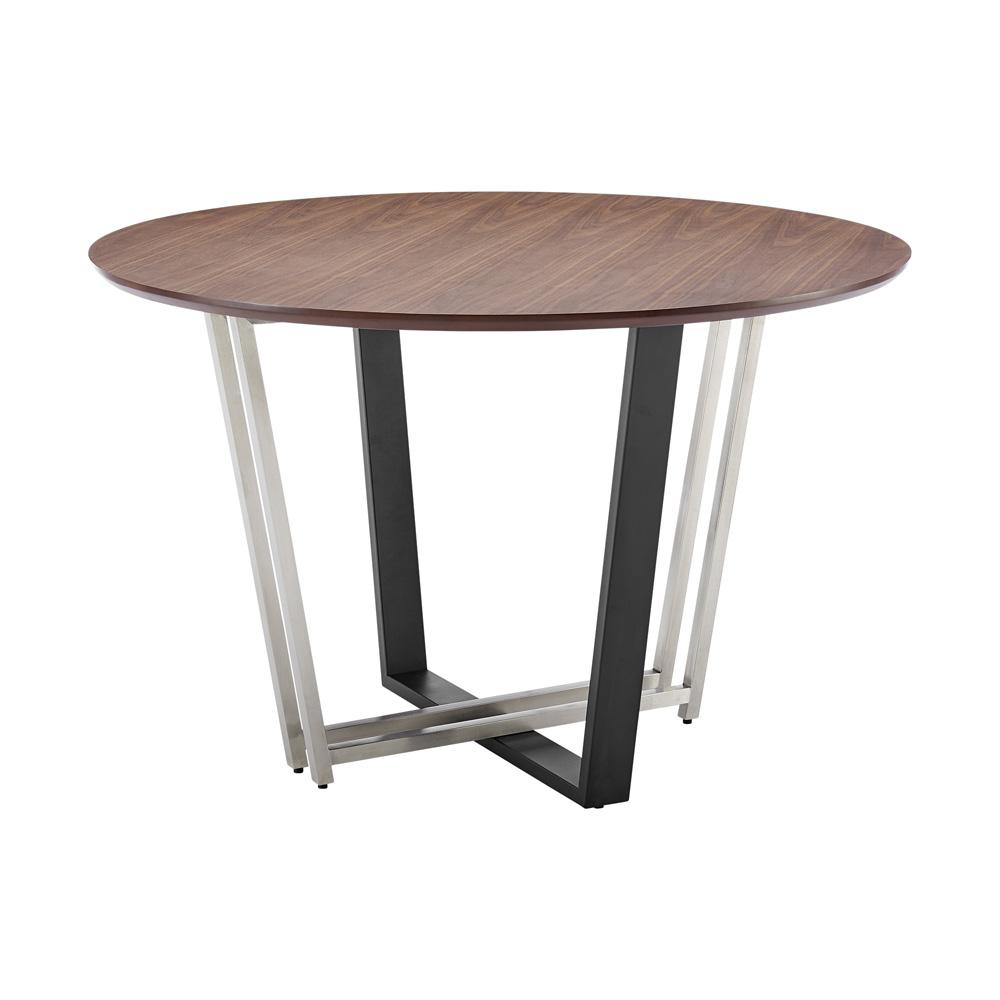 Armen Living - Joana 48in Round Dining Table in Brushed Stainless Steel and Black Iron Base with Walnut Tabletop - LCJODIWALBLK veiw 1