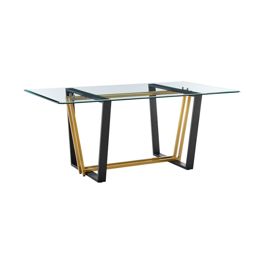 Armen Living - Kai 72in Rectangular Dining Table in Gold Stainless Steel and Black Iron Base with Glass Tabletop - LCKADIBGLBLK veiw 1