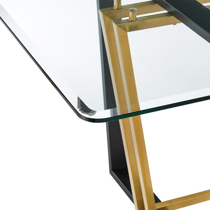 Armen Living - Kai 72in Rectangular Dining Table in Gold Stainless Steel and Black Iron Base with Glass Tabletop - LCKADIBGLBLK veiw 4