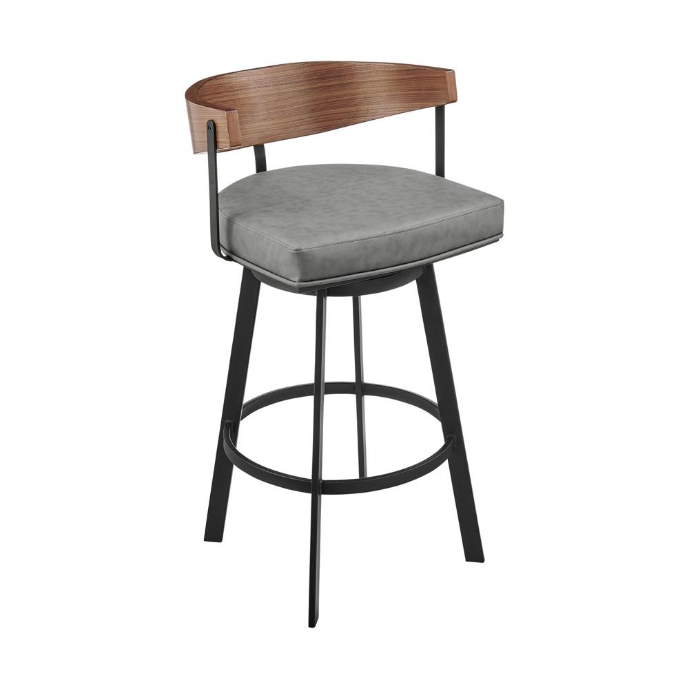 Armen Living - Lacey 30in Swivel Bar Stool in Black Iron with Walnut Finish and Vintage Gray Faux Leather - LCLABAGRYWA30 veiw 1