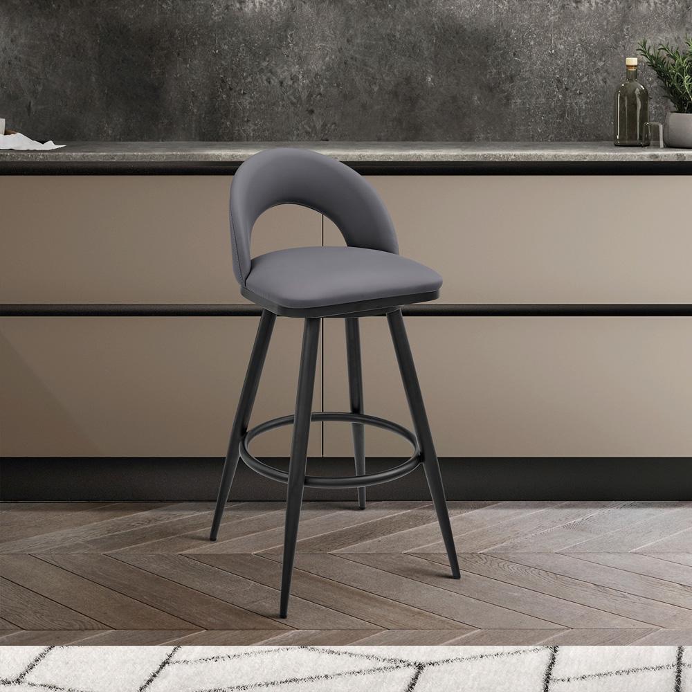 Armen Living - Lottech Swivel Bar Stool in Black Metal with Gray Faux Leather - 840254335387 veiw 7