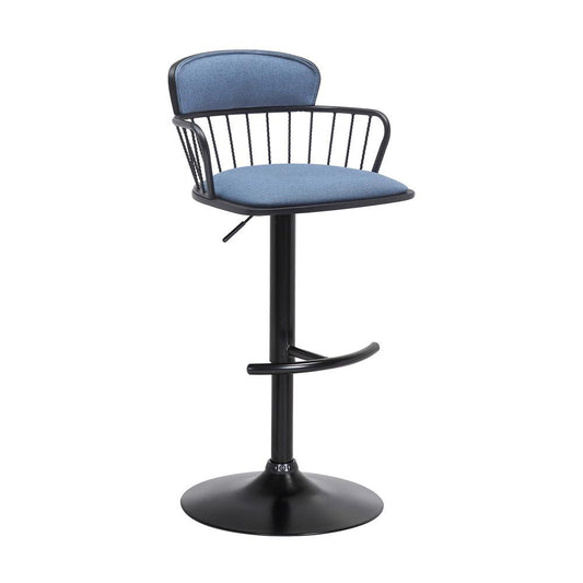 Armen Living - Nash Adjustable Black Wood Bar Stool in Blue Fabric with Black Metal - LCNABABLKBLU veiw 1
