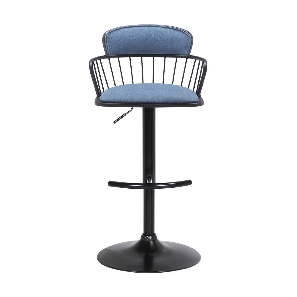 Armen Living - Nash Adjustable Black Wood Bar Stool in Blue Fabric with Black Metal - LCNABABLKBLU veiw 2