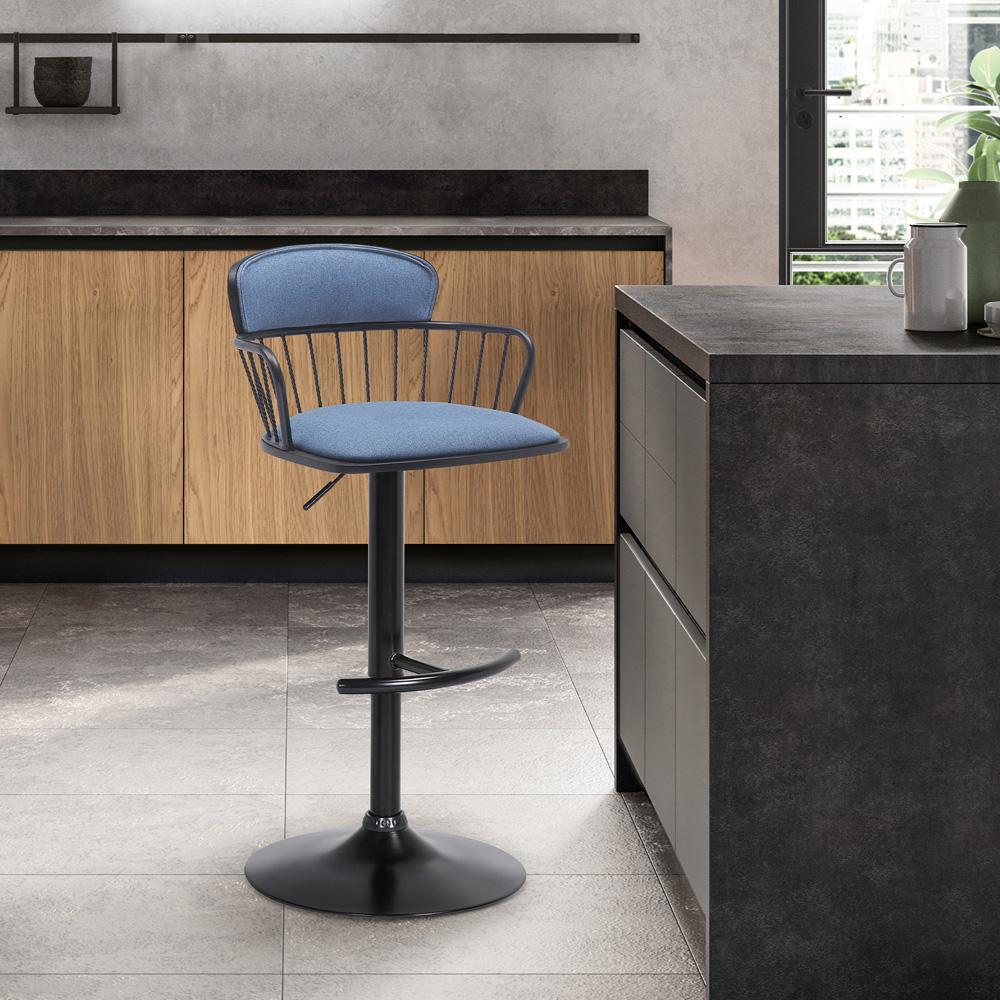 Armen Living - Nash Adjustable Black Wood Bar Stool in Blue Fabric with Black Metal - LCNABABLKBLU veiw 7