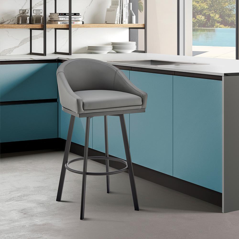 Armen Living - Noran Swivel Counter Stool in Black Metal with Gray Faux Leather - 840254335783 veiw 7