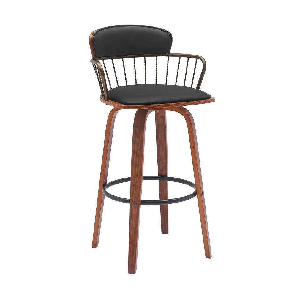 Armen Living - Willow 25.5in Swivel Walnut Wood Counter Stool in Black Faux Leather with Golden Bronze Metal - LCWIBAWABLK26 veiw 1