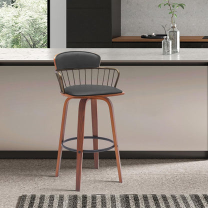 Armen Living - Willow 25.5in Swivel Walnut Wood Counter Stool in Black Faux Leather with Golden Bronze Metal - LCWIBAWABLK26 veiw 7