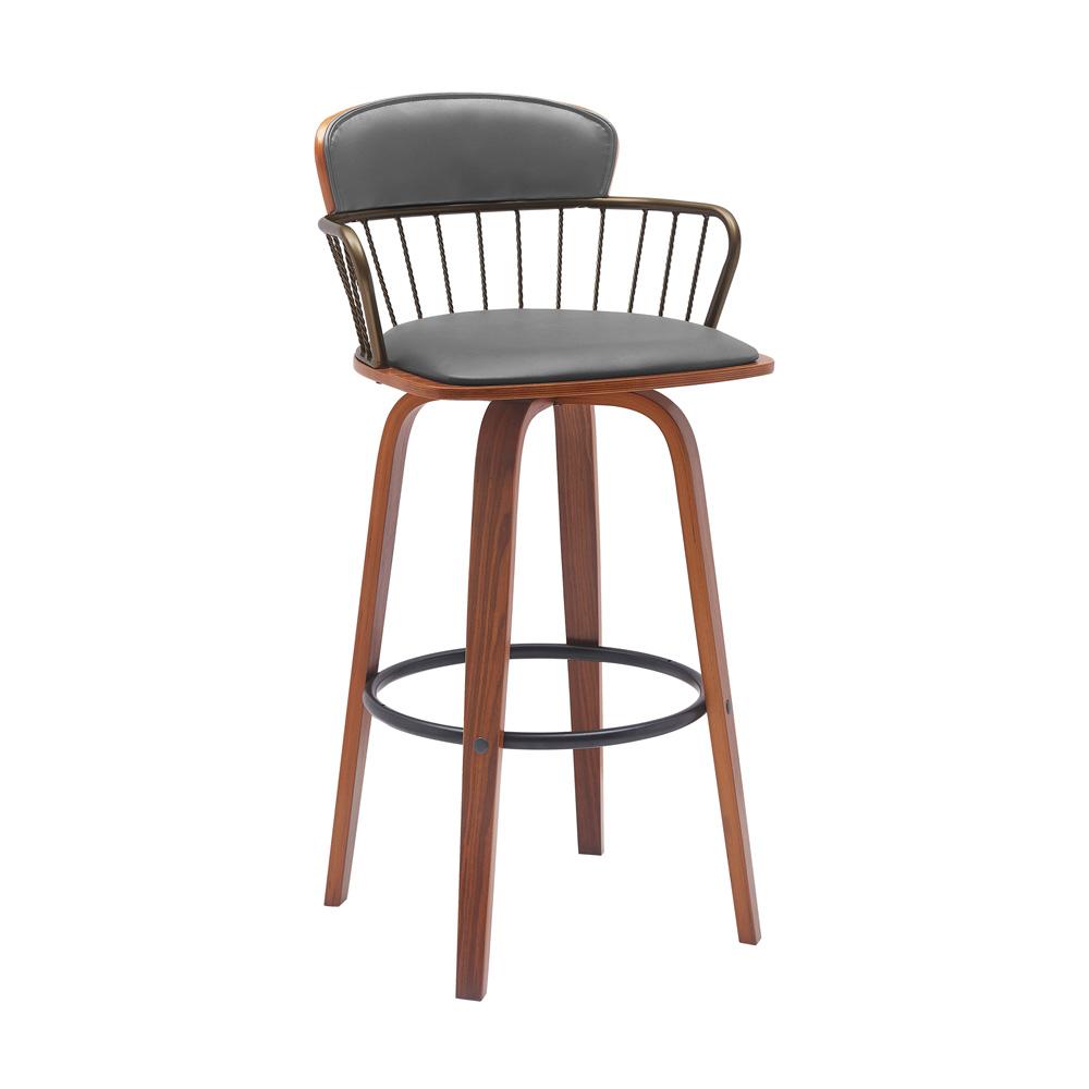 Armen Living - Willow 30in Swivel Walnut Wood Bar Stool in Gray Faux Leather with Golden Bronze Metal - LCWIBAWAGRY30 veiw 1