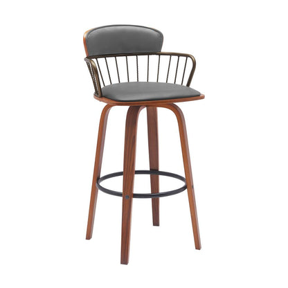 Armen Living - Willow 30in Swivel Walnut Wood Bar Stool in Gray Faux Leather with Golden Bronze Metal - LCWIBAWAGRY30 veiw 1