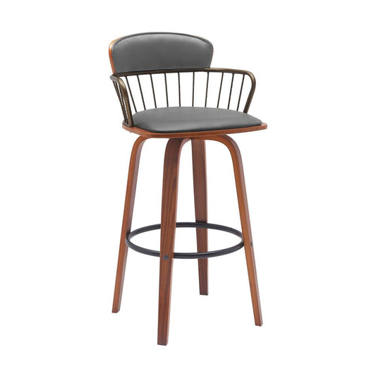 Armen Living - Willow 30in Swivel Walnut Wood Bar Stool in Gray Faux Leather with Golden Bronze Metal - LCWIBAWAGRY30 veiw 1