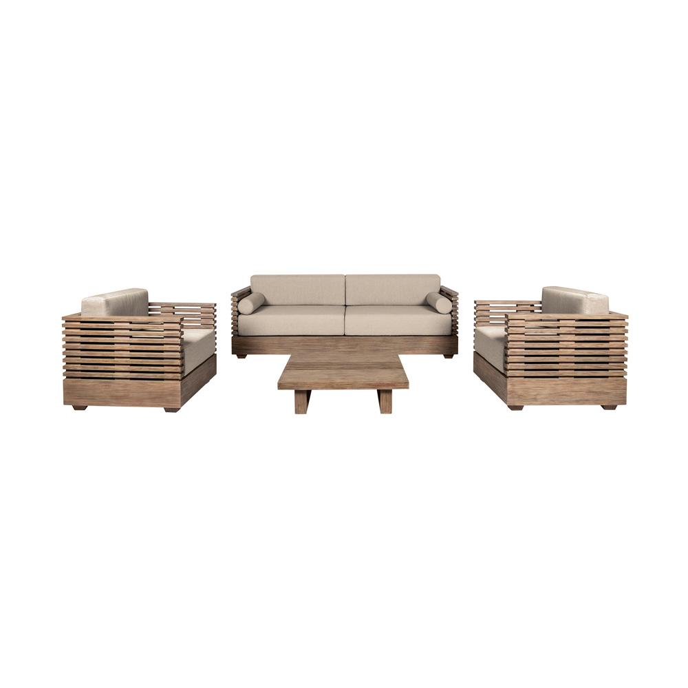 Armen Living - Vivid Outdoor Patio 4 Piece Conversation Set in Light Eucalyptus Wood with Taupe Olefin Cushions - SETVI4EUCTP veiw 1