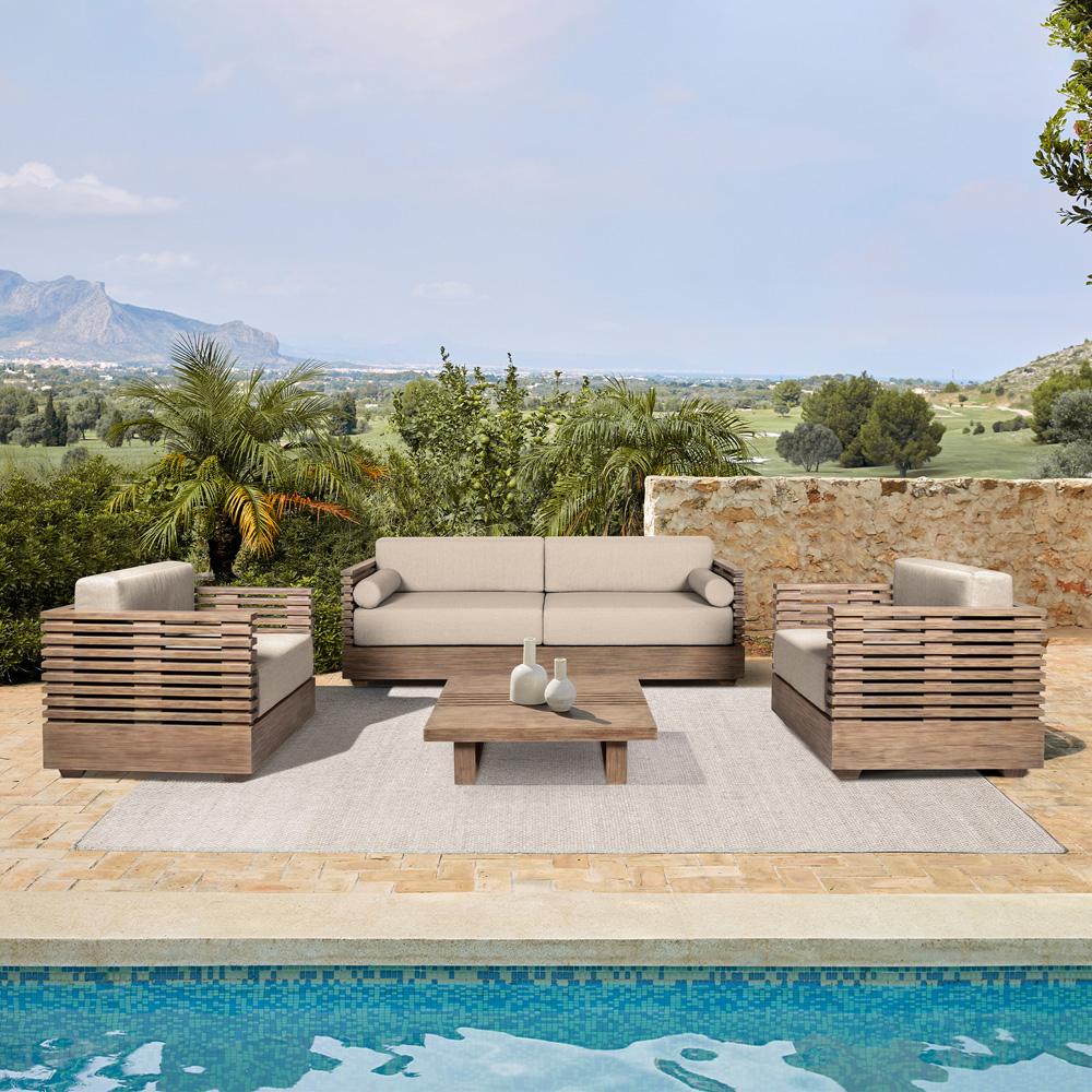 Armen Living - Vivid Outdoor Patio 4 Piece Conversation Set in Light Eucalyptus Wood with Taupe Olefin Cushions - SETVI4EUCTP veiw 7