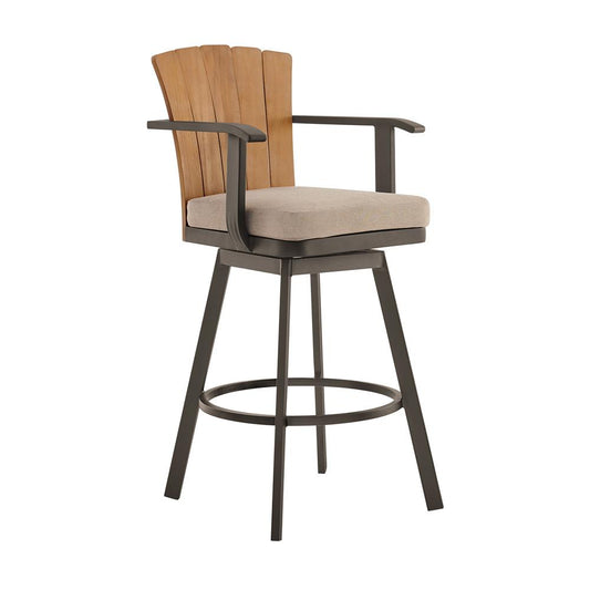 Armen Living - Hazel Outdoor Patio Swivel Bar Stool in Aluminum with Teak Wood and Brown Cushion - LCHABABRN30 veiw 1