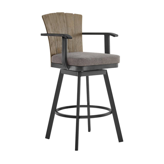 Armen Living - Hazel Outdoor Patio Swivel Bar Stool in Aluminum with Teak Wood and Charcoal Cushion - LCHABABLKCH30 veiw 1