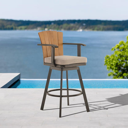 Armen Living - Hazel Outdoor Patio Swivel Counter Stool in Aluminum with Teak Wood and Brown Cushion - LCHABABRN26 veiw 7