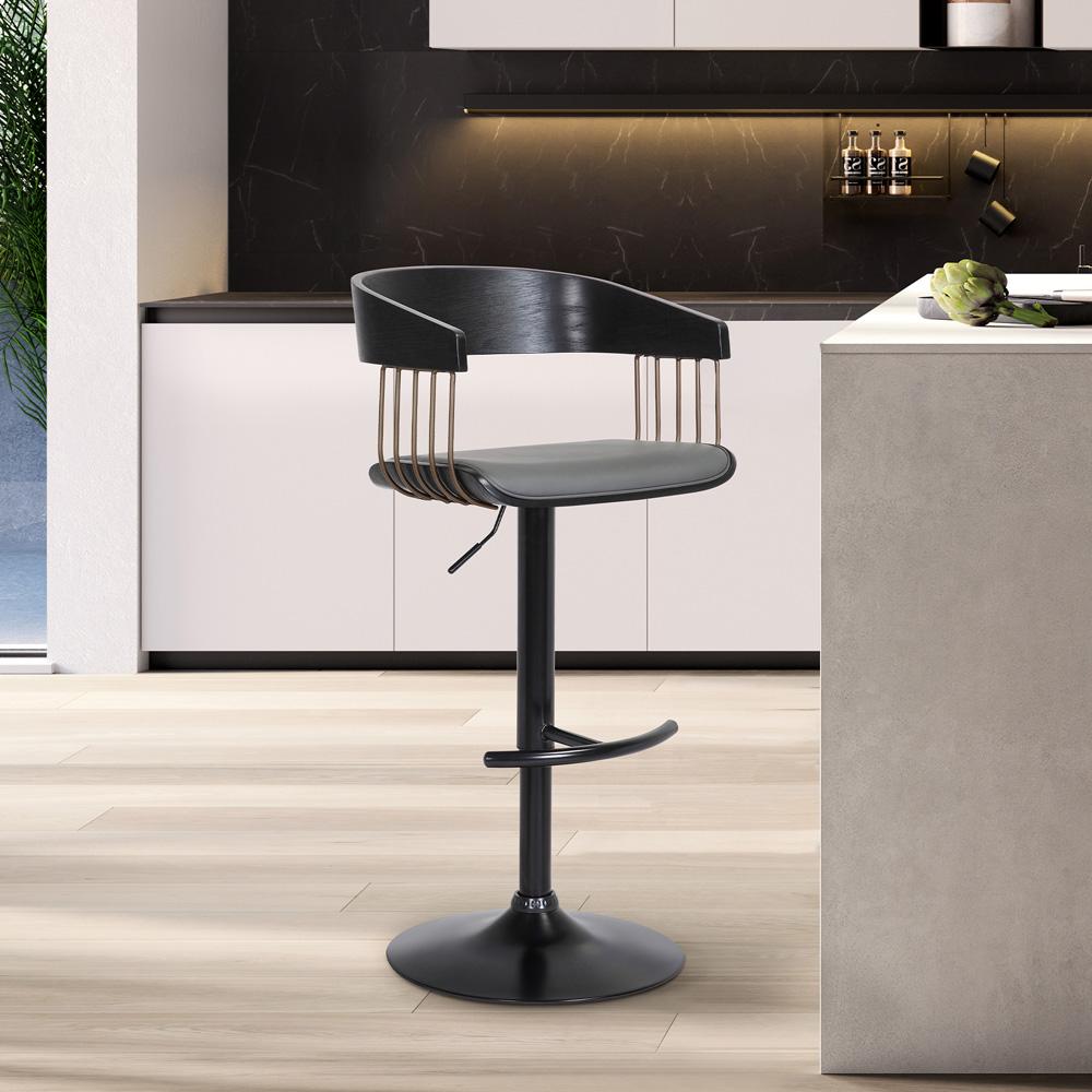 Armen Living - Larisa Adjustable Black Wood Bar Stool in Gray Faux Leather with Golden Bronze and Black Metal - LCLABABLKGRY veiw 7
