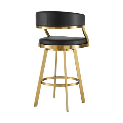 Armen Living - Saturn 26in Swivel Counter Stool with Gold Brushed Stainless Steel and Black Faux Leather - LCSNSWBABGLBLK26 veiw 3