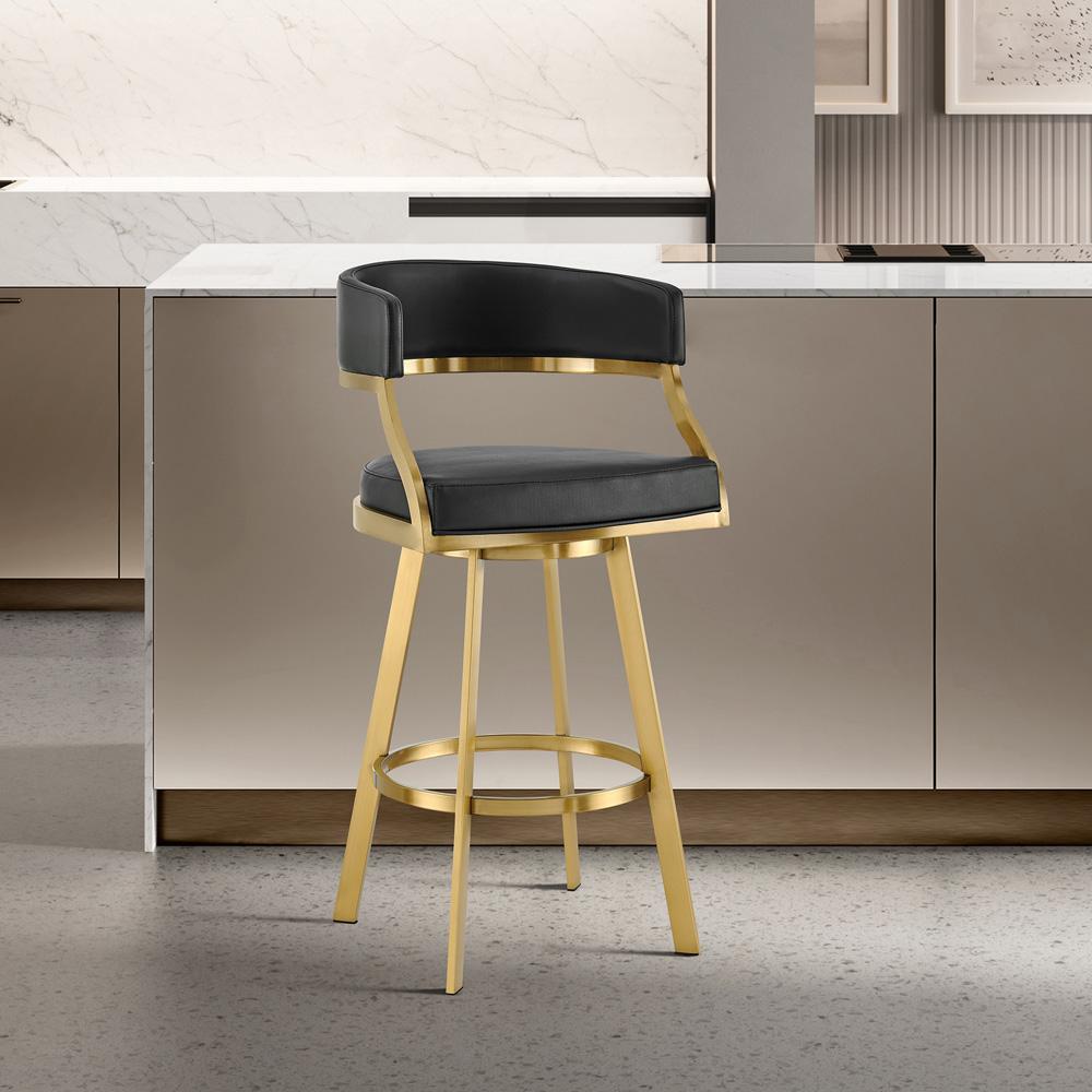 Armen Living - Saturn 26in Swivel Counter Stool with Gold Brushed Stainless Steel and Black Faux Leather - LCSNSWBABGLBLK26 veiw 7