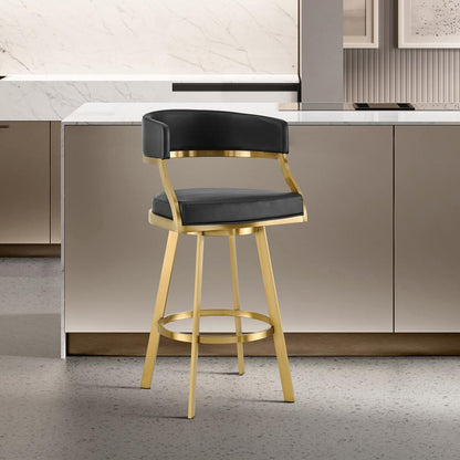 Armen Living - Saturn 26in Swivel Counter Stool with Gold Brushed Stainless Steel and Black Faux Leather - LCSNSWBABGLBLK26 veiw 7
