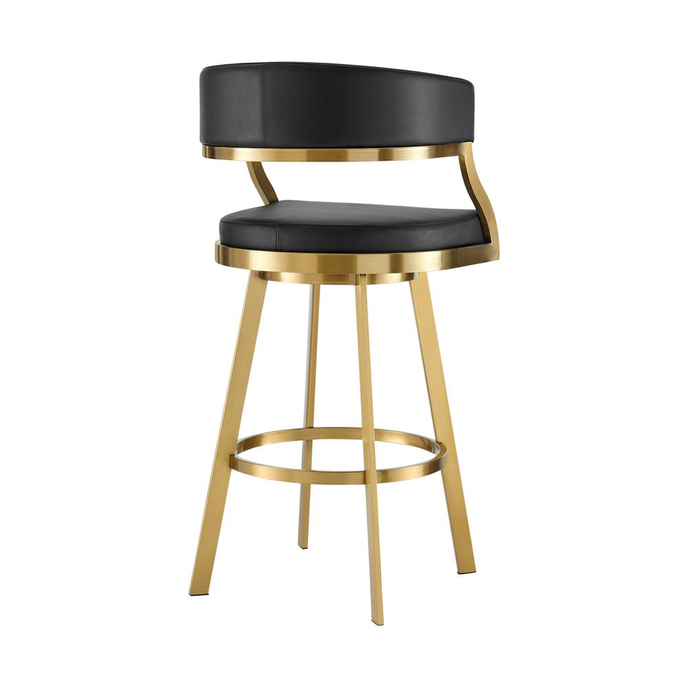 Armen Living - Saturn 30in Swivel Bar Stool with Gold Brushed Stainless Steel and Black Faux Leather - LCSNSWBABGLBLK30 veiw 3