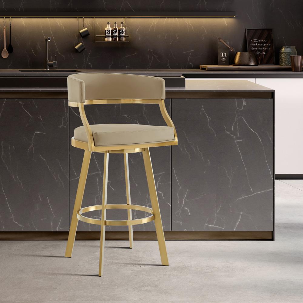 Armen Living - Saturn 30in Swivel Bar Stool with Gold Brushed Stainless Steel and Light Sand Faux Leather - LCSNSWBABGLLSA30 veiw 7