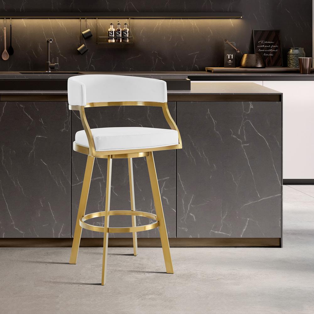 Armen Living - Saturn 30in Swivel Bar Stool with Gold Brushed Stainless Steel and White Faux Leather - LCSNSWBABGLWH30 veiw 7