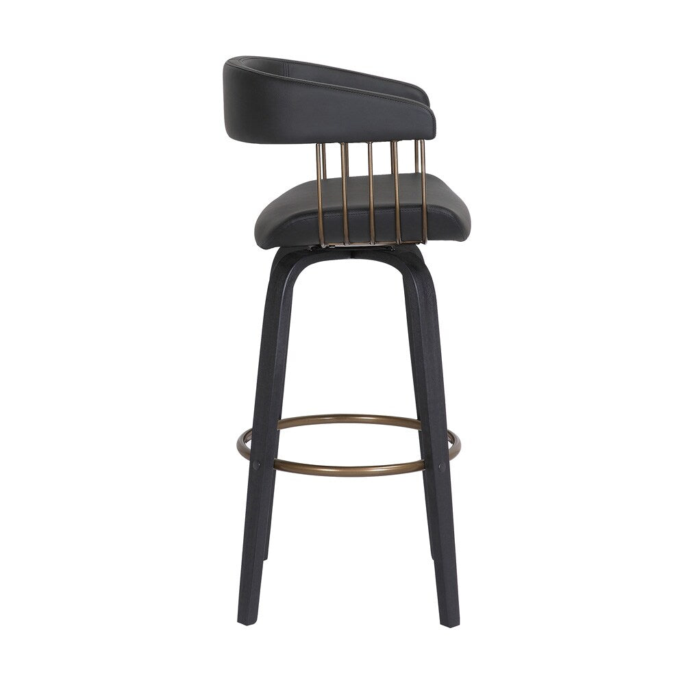 Armen Living - Topanga 30.5in Swivel Black Wood Bar Stool in Black Faux Leather with Golden Bronze Metal - LCTOBABLKBLK30 veiw 3