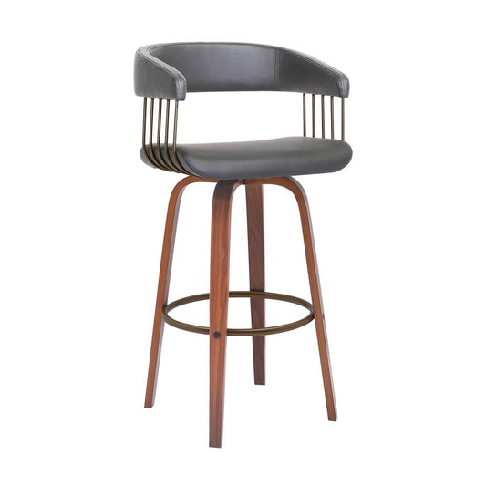 Armen Living - Topanga 30.5in Swivel Walnut Wood Bar Stool in Gray Faux Leather with Golden Bronze Metal - LCTOBAWAGRY30 veiw 1