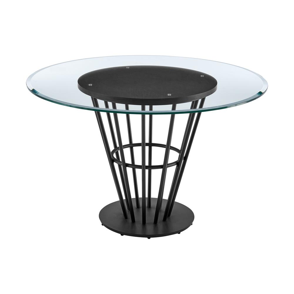Armen Living - Veronica 48in Round Dining Table in Black Iron Base with Walnut Panel and Glass Tabletop - LCVRDIBLK veiw 2