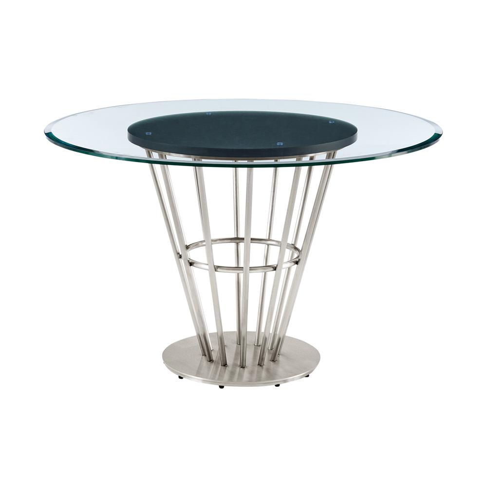 Armen Living - Veronica 48in Round Dining Table in Brushed Stainless Steel Base with Walnut Panel and Glass Tabletop - LCVRDIBS veiw 1