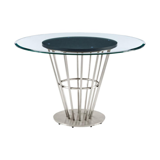Armen Living - Veronica 48in Round Dining Table in Brushed Stainless Steel Base with Walnut Panel and Glass Tabletop - LCVRDIBS veiw 1