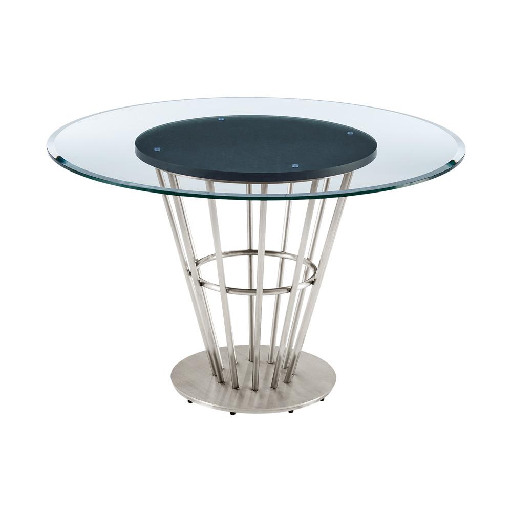 Armen Living - Veronica 48in Round Dining Table in Brushed Stainless Steel Base with Walnut Panel and Glass Tabletop - LCVRDIBS veiw 2