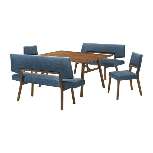 Armen Living - Channell 5 Piece Walnut Wood Dining Table Set with Benches in Blue Fabric - SETCHWA5BLUB veiw 1