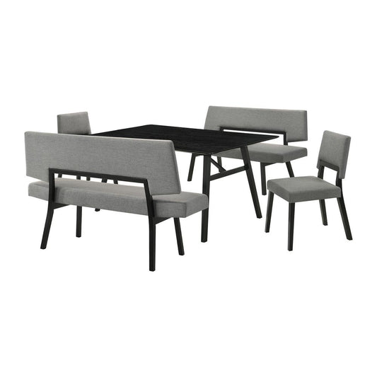 Armen Living - Channell 5 Piece Black Wood Dining Table Set with Benches in Charcoal Fabric - SETCHBLK5CHB veiw 1