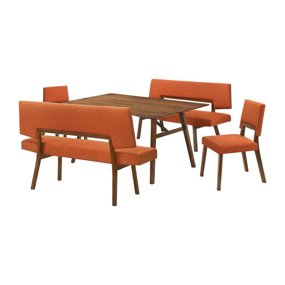 Armen Living - Channell 5 Piece Walnut Wood Dining Table Set with Benches in Orange Fabric - SETCHWA5ORB veiw 1