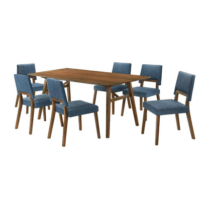 Armen Living - Channell 7 Piece Walnut Wood Dining Table Set with Blue Fabric - SETCHWA7BLU veiw 1