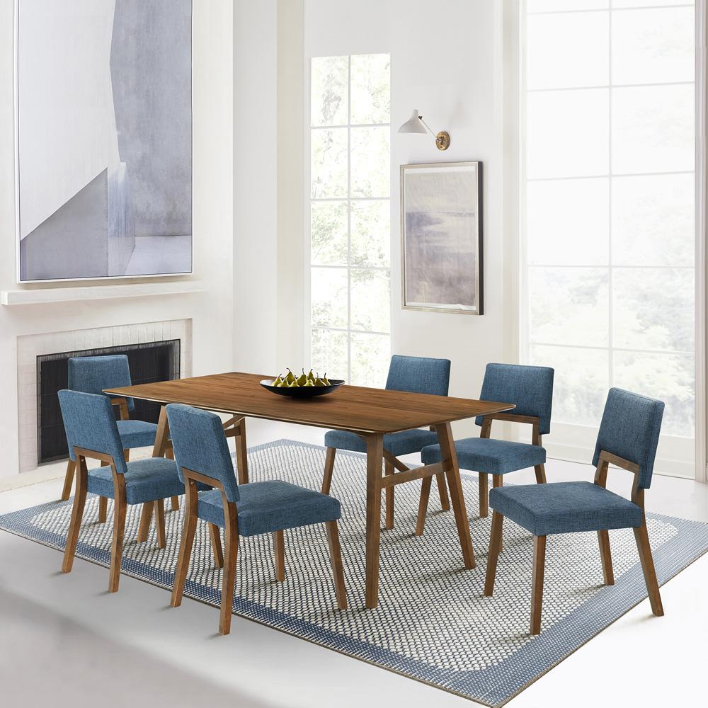 Armen Living - Channell 7 Piece Walnut Wood Dining Table Set with Blue Fabric - SETCHWA7BLU veiw 7