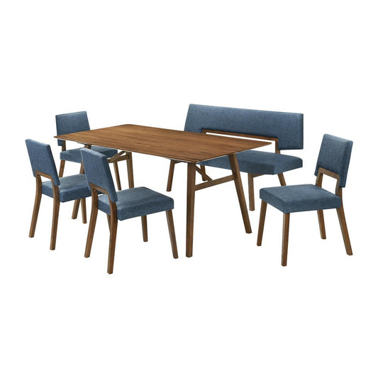 Armen Living - Channell 6 Piece Walnut Wood Dining Table Set with Bench in Blue Fabric - SETCHWA6BLUB veiw 1