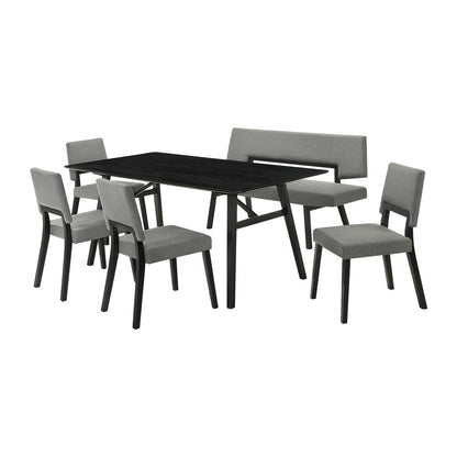 Armen Living - Channell 6 Piece Black Wood Dining Table Set with Bench in Charcoal Fabric - SETCHBLK6CHB veiw 1