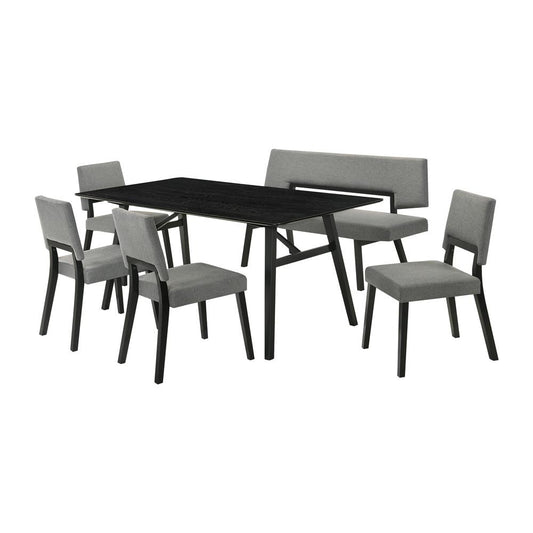 Armen Living - Channell 6 Piece Black Wood Dining Table Set with Bench in Charcoal Fabric - SETCHBLK6CHB veiw 1