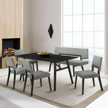 Armen Living - Channell 6 Piece Black Wood Dining Table Set with Bench in Charcoal Fabric - SETCHBLK6CHB veiw 7