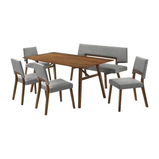 Armen Living - Channell 6 Piece Walnut Wood Dining Table Set with Bench in Charcoal Fabric - SETCHWA6CHB veiw 1