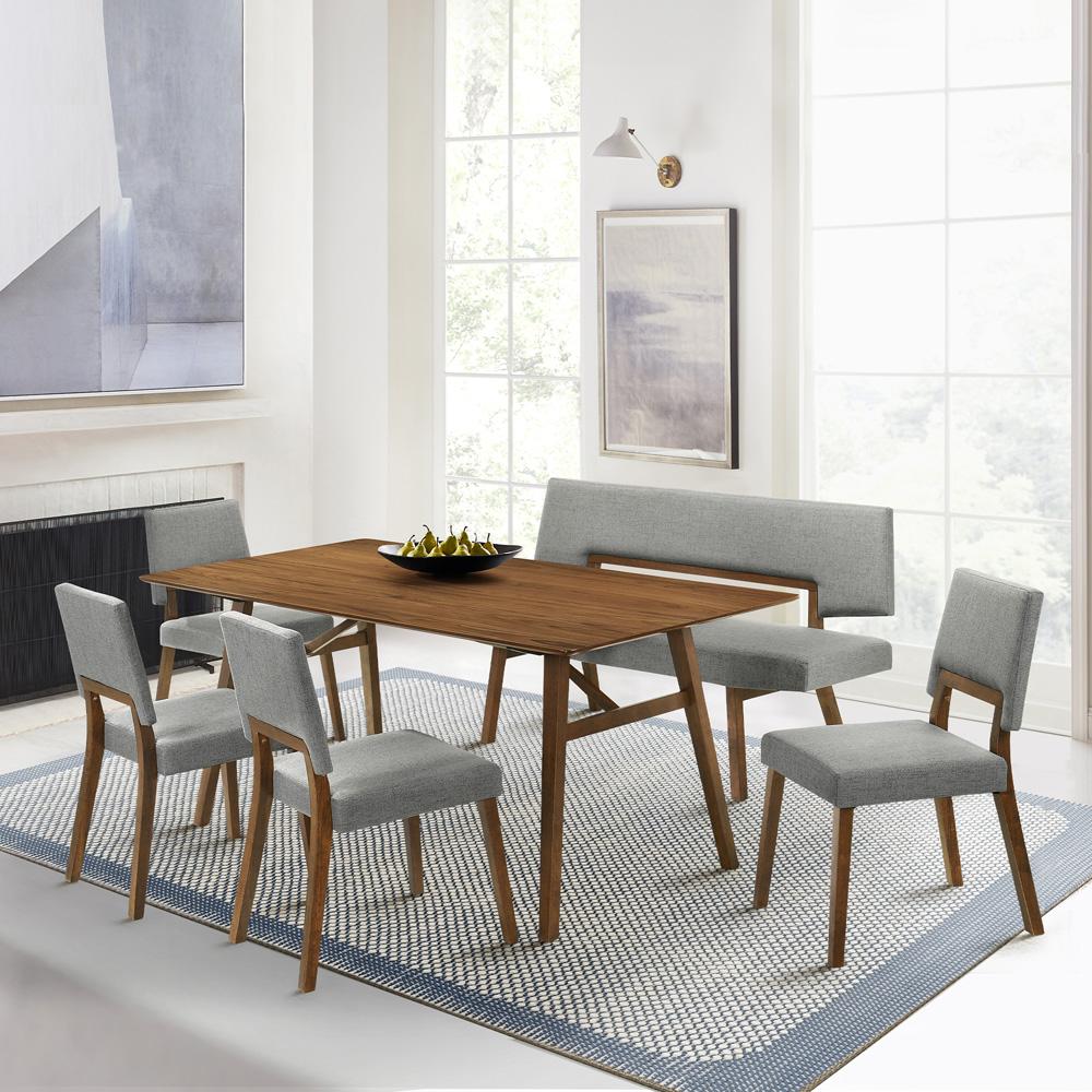 Armen Living - Channell 6 Piece Walnut Wood Dining Table Set with Bench in Charcoal Fabric - SETCHWA6CHB veiw 7