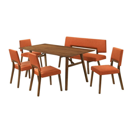 Armen Living - Channell 6 Piece Walnut Wood Dining Table Set with Bench in Orange Fabric - SETCHWA6ORB veiw 1