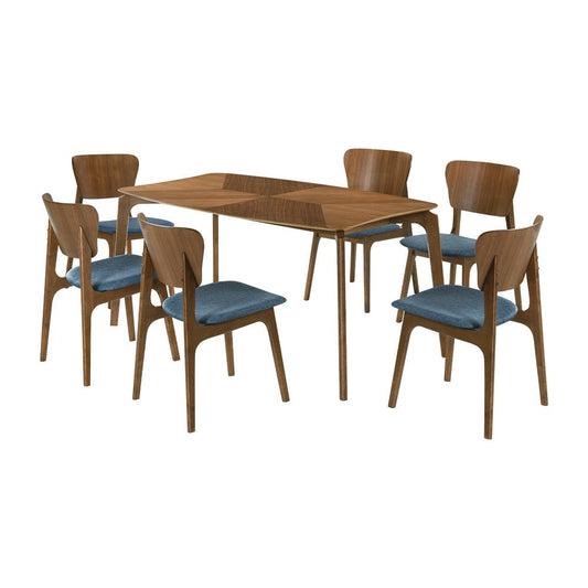 Armen Living - Kalia 7 Piece Wood Dining Set in Walnut Finish with Blue Fabric - SETKAWA7BLU veiw 1
