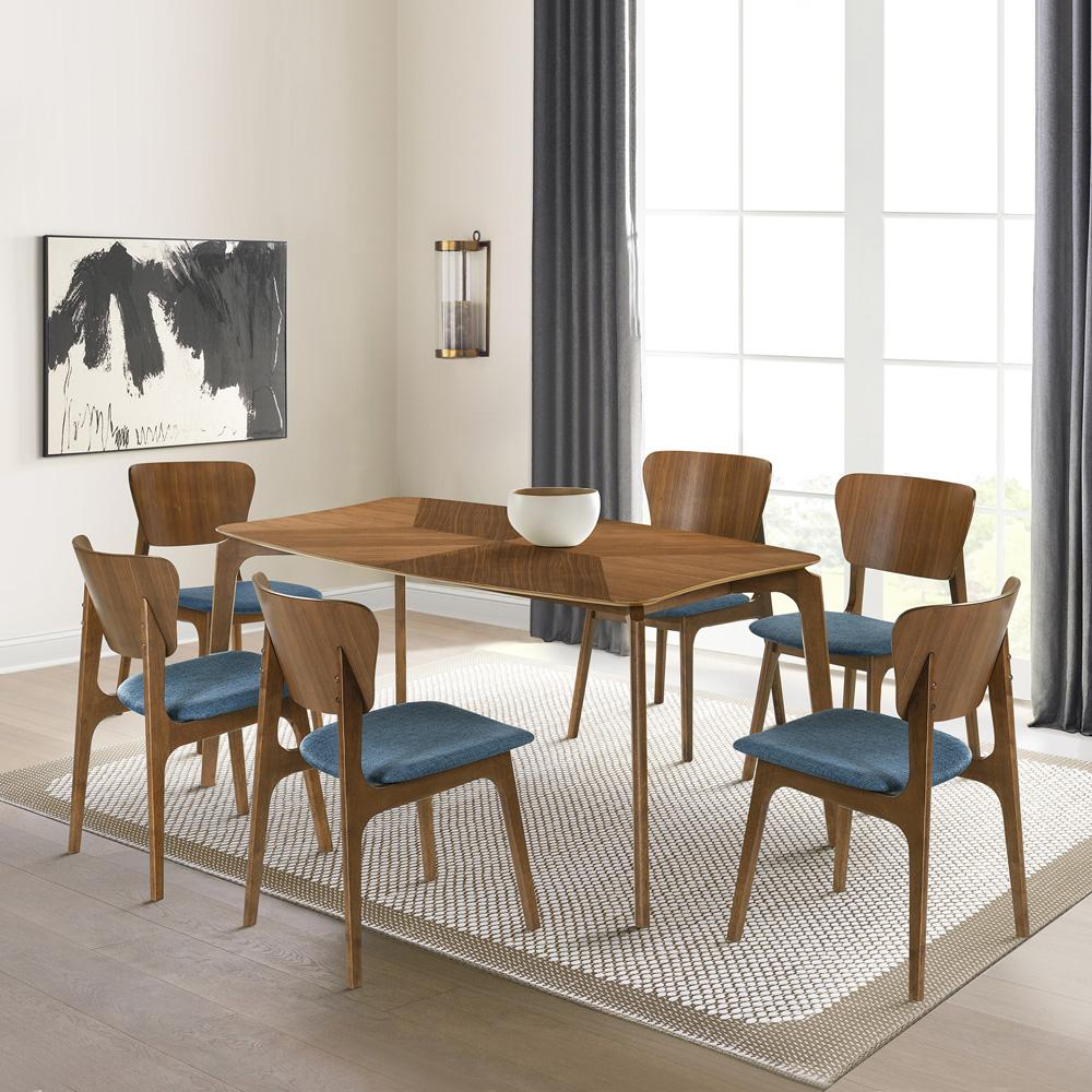 Armen Living - Kalia 7 Piece Wood Dining Set in Walnut Finish with Blue Fabric - SETKAWA7BLU veiw 7