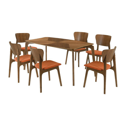Armen Living - Kalia 7 Piece Wood Dining Set in Walnut Finish with Orange Fabric - SETKAWA7OR veiw 1