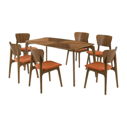 Armen Living - Kalia 7 Piece Wood Dining Set in Walnut Finish with Orange Fabric - SETKAWA7OR veiw 1