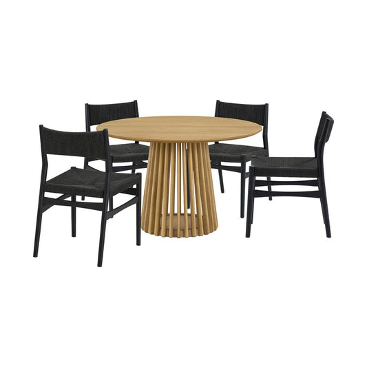 Armen Living - Pasadena Erie 5 Piece Round Dining Set in Natural Oak Finish with Black Paper Cord Chairs - SETRPANAT5ERBLK veiw 1